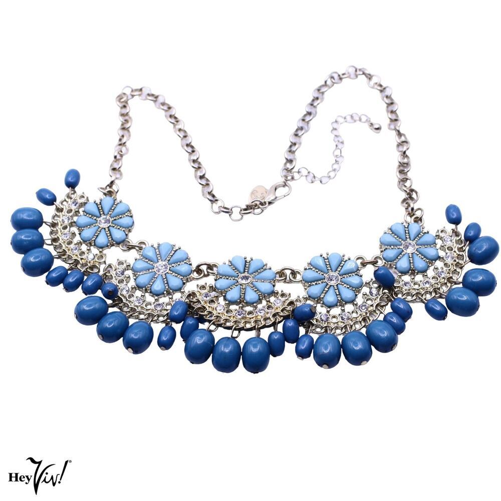 Charming Charlie Blue Floral Statement Bib Necklace Rhinestone 21" - Hey Viv
